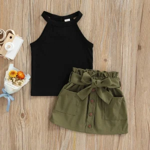 Girls Ribbed Top and Ruffled Skirt with Bow Detail